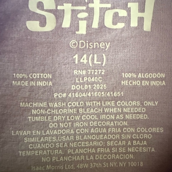 ⭐️ 3/$20 NWT Stitch & Angel Kids Shirt - Purple Disney size 14 (L) - Picture 3 of 3